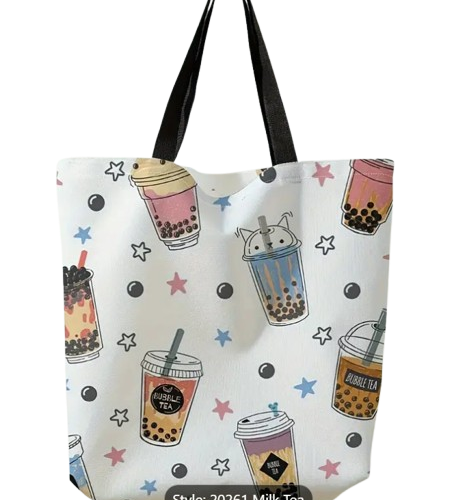 Bubble Tea Print Canvas Tote – Fun & Spacious Milk Tea Design Bag